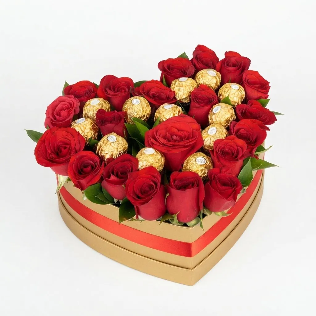 Caja corazón de rosas rojas y Ferrero